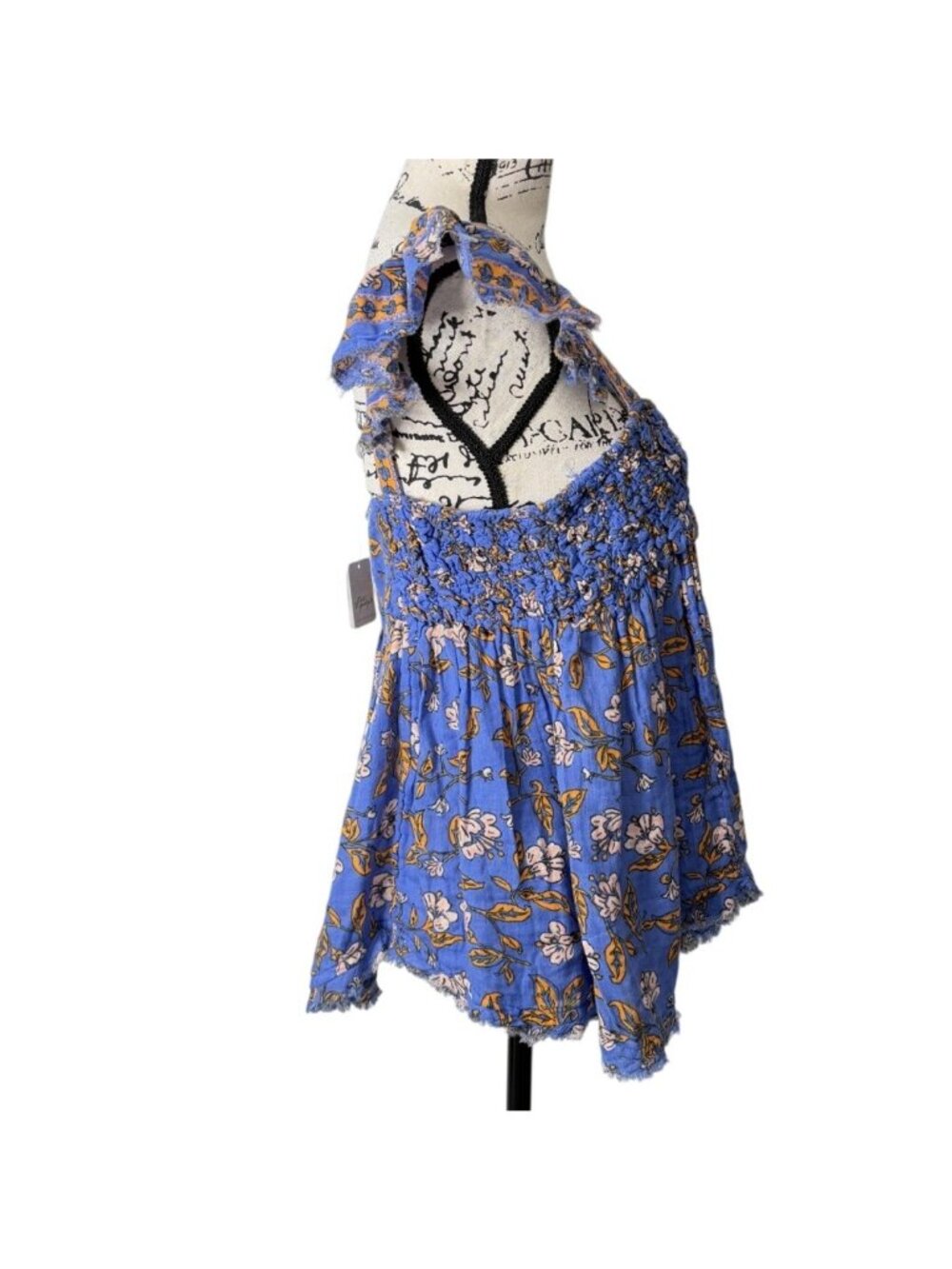 Free People Womens Size M Nala Top Babydoll Blue Floral Cotton Smocked NEW - Picture 3 of 10